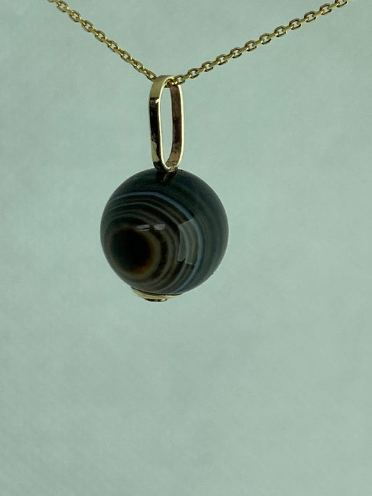 Gold Banded Agate  pendant, solid 9ct yellow gold necklace , natural round gemstone