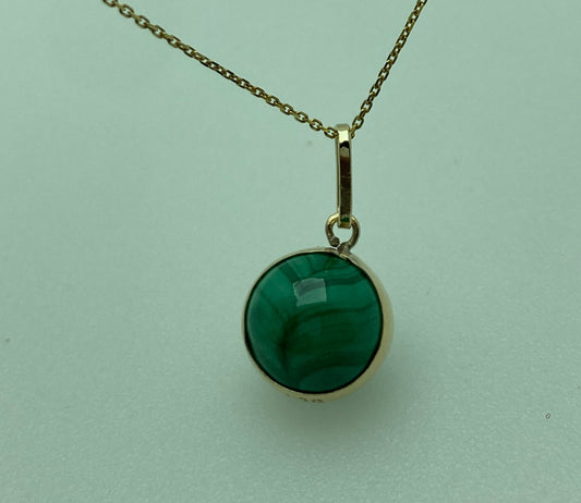 Gold malachite pendant, round green malachite necklace, solid 9ct yellow gold, 18” gold chain