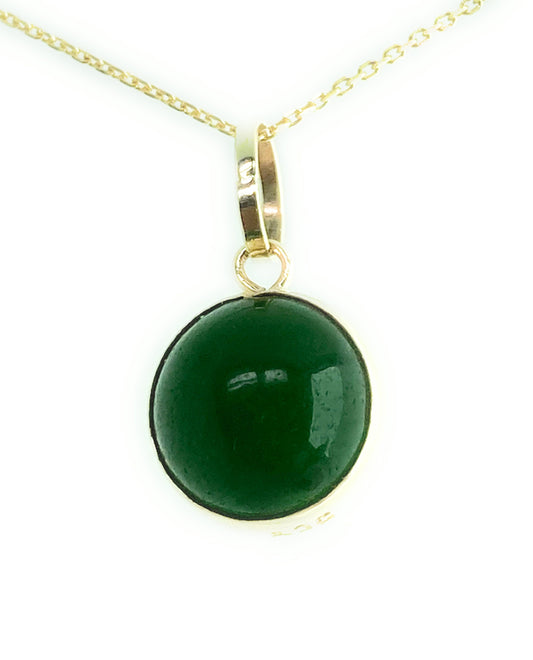 Jade 9ct gold necklace, green Jade pendant, solid yellow gold, round stone