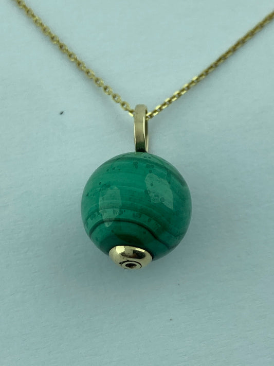 gold natural malachite pendant, round green malachite, solid 9ct yellow gold necklace, 18” gold chain