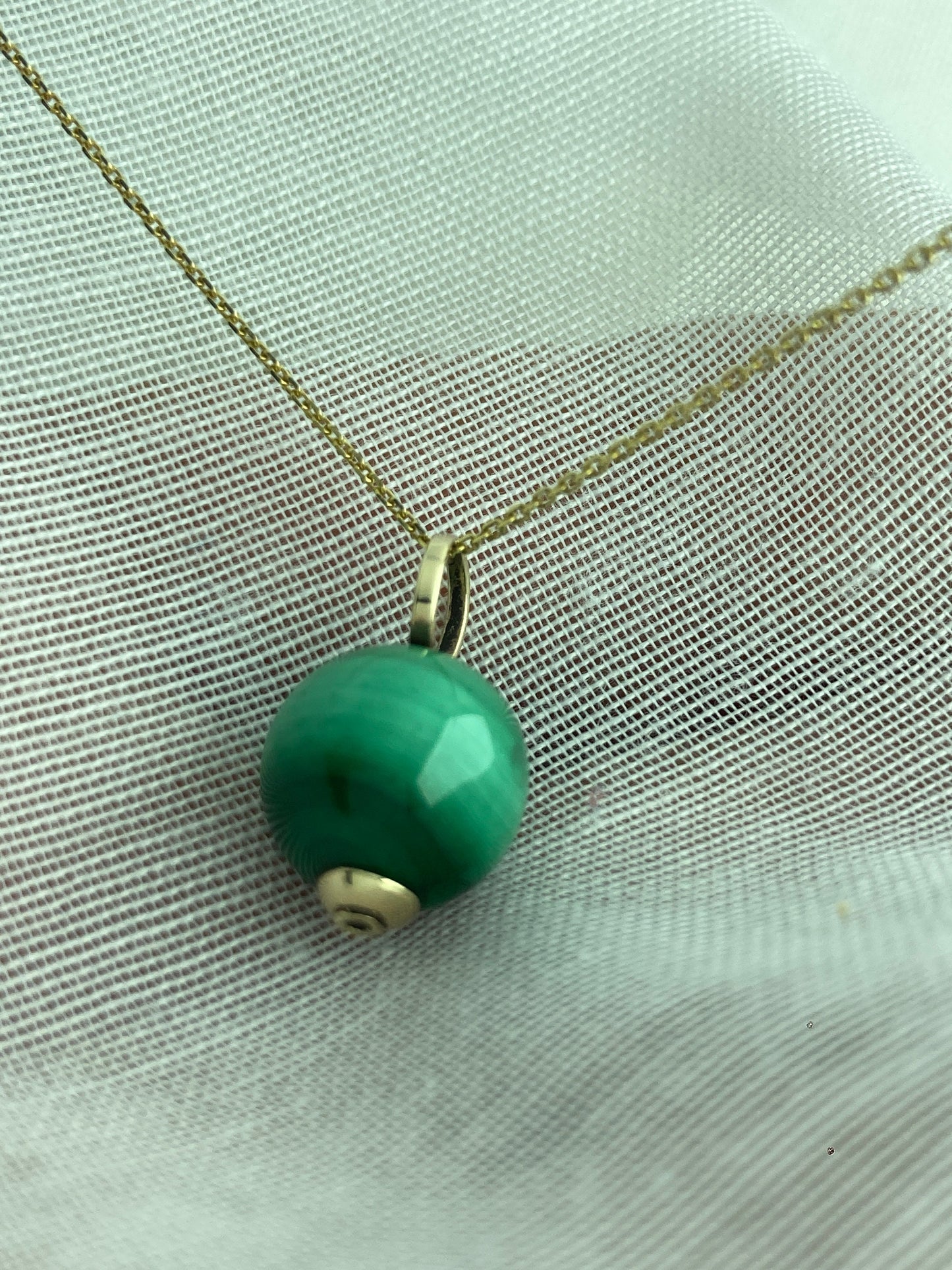 natural malachite pendant, round green malachite, solid 9ct yellow gold necklace, 18” gold chain