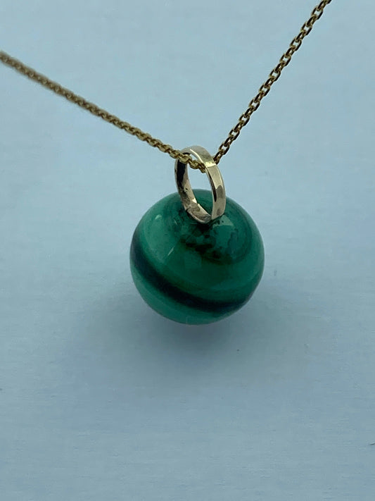 malachite gold necklace , round green malachite, solid 9ct yellow gold necklace, 18” gold chain