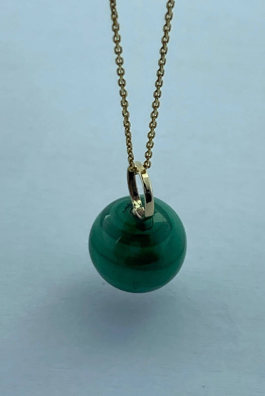 Malachite, round green malachite pendant, solid 9ct yellow gold necklace, 18” gold chain