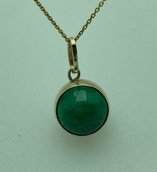 malachite 9ct gold necklace, round green malachite pendant, solid 9ct yellow gold, 18” gold chain