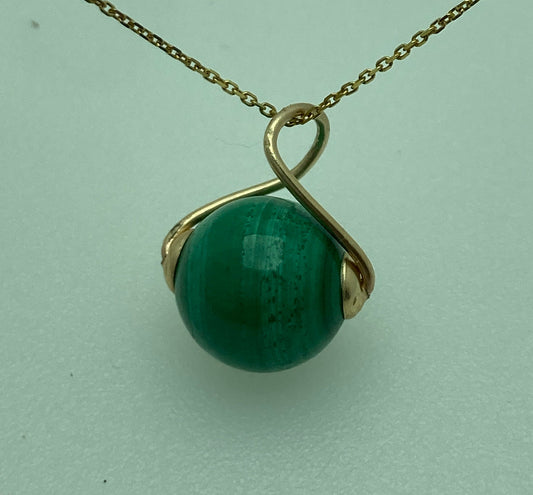 malachite gold pendant, round green malachite, solid 9ct yellow gold necklace, 18” gold chain