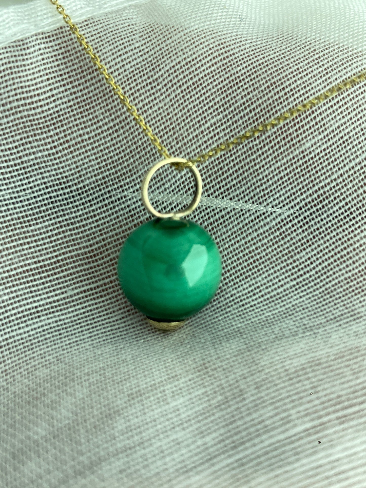 natural malachite pendant, round green malachite, solid 9ct yellow gold necklace, 18” gold chain