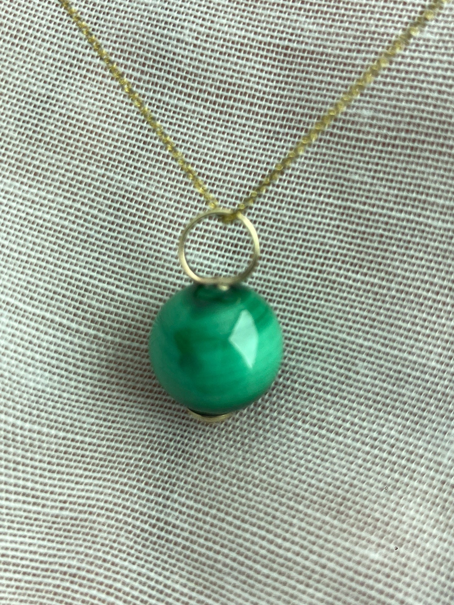 natural malachite pendant, round green malachite, solid 9ct yellow gold necklace, 18” gold chain