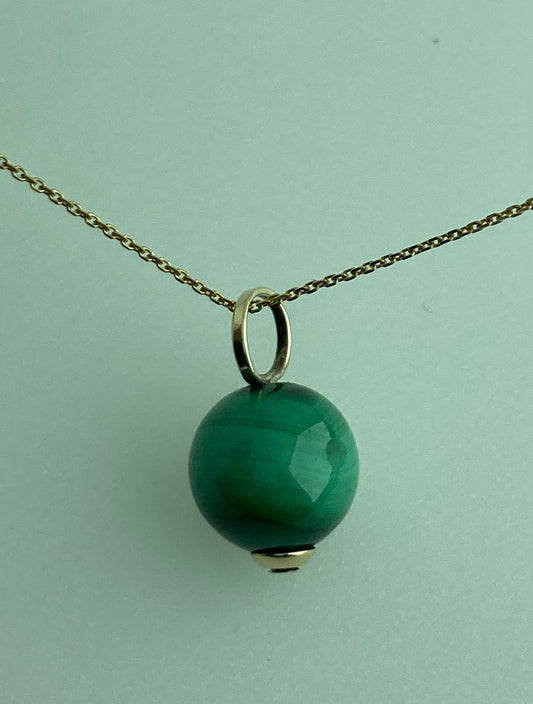 natural malachite pendant, round green malachite, solid 9ct yellow gold necklace, 18” gold chain