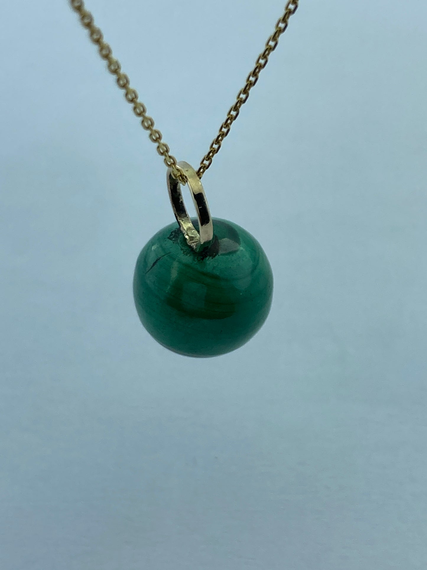 Natural Malachite, round green malachite pendant, solid 9ct yellow gold necklace, 18” gold chain