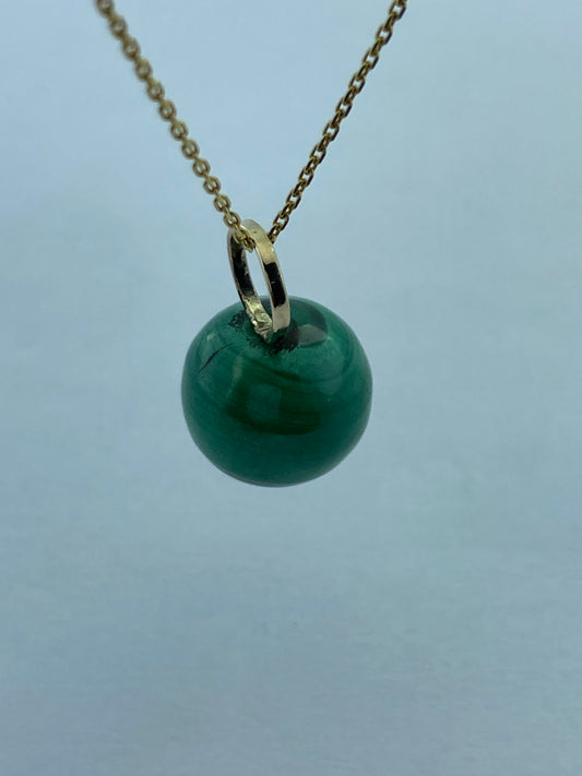 Natural Malachite, round green malachite pendant, solid 9ct yellow gold necklace, 18” gold chain