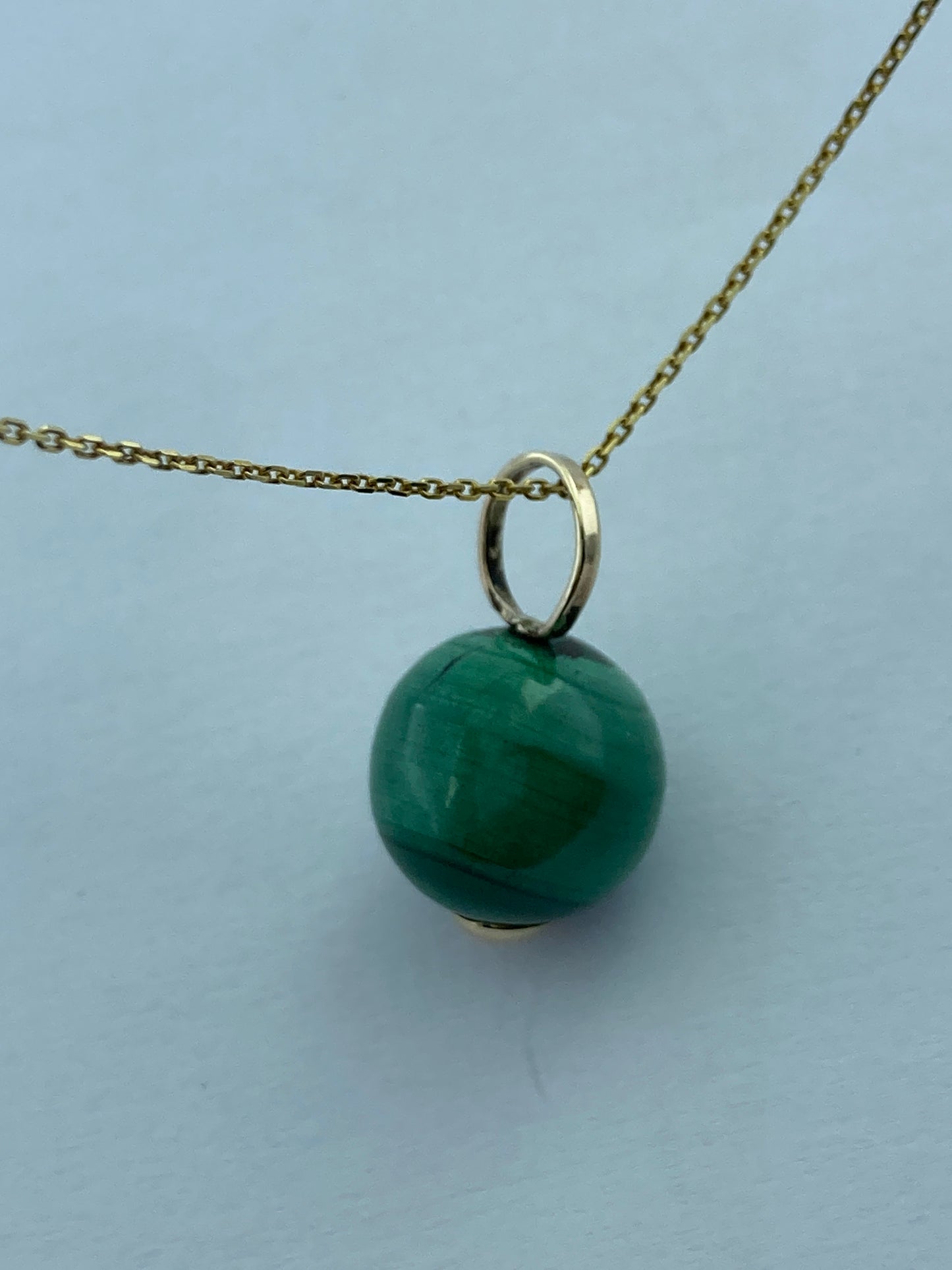 Natural Malachite, round green malachite pendant, solid 9ct yellow gold necklace, 18” gold chain