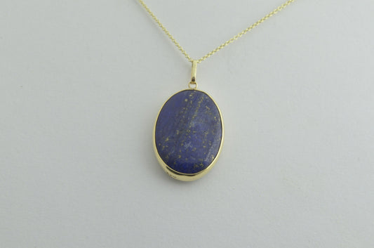 9ct gold lapis lazuli pendant, solid 9ct yellow gold necklace, natural oval blue gemstone pendant