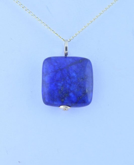 gold lapis lazuli pendant, natural square shape blue gemstone necklace, 18” chain a uk hallmark