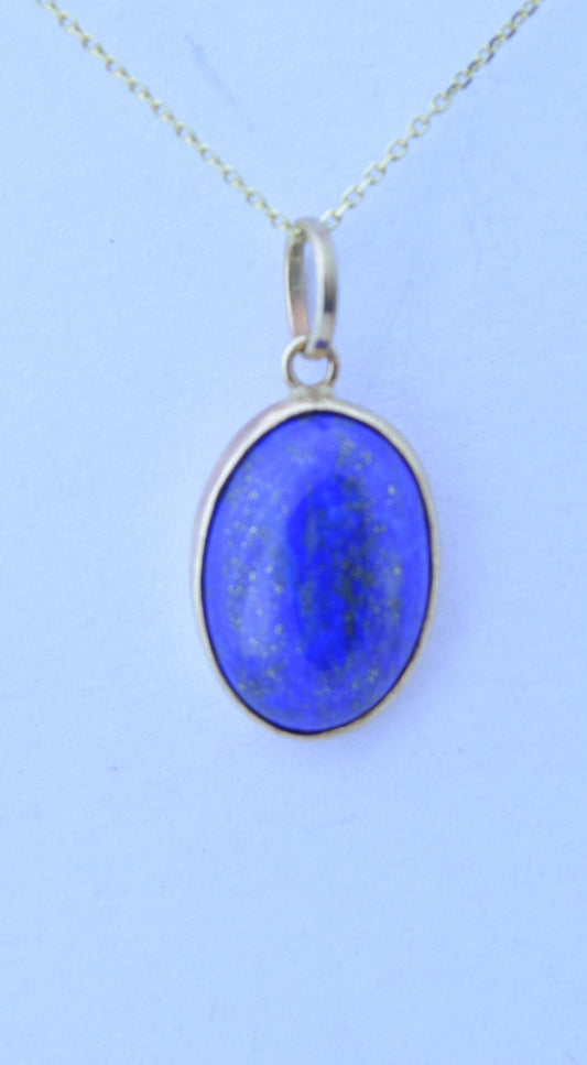 gold lapis lazuli, solid 9ct yellow gold necklace, natural oval blue gemstone pendant, 18” uk hallmark