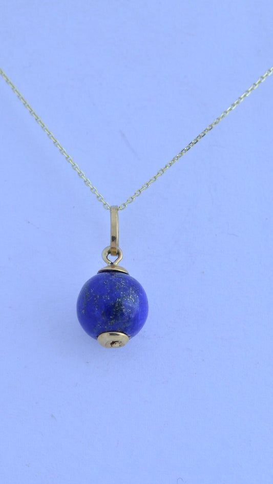 gold lapis lazuli, solid 9ct yellow gold necklace, natural round blue gemstone, 18” chain uk hallmark