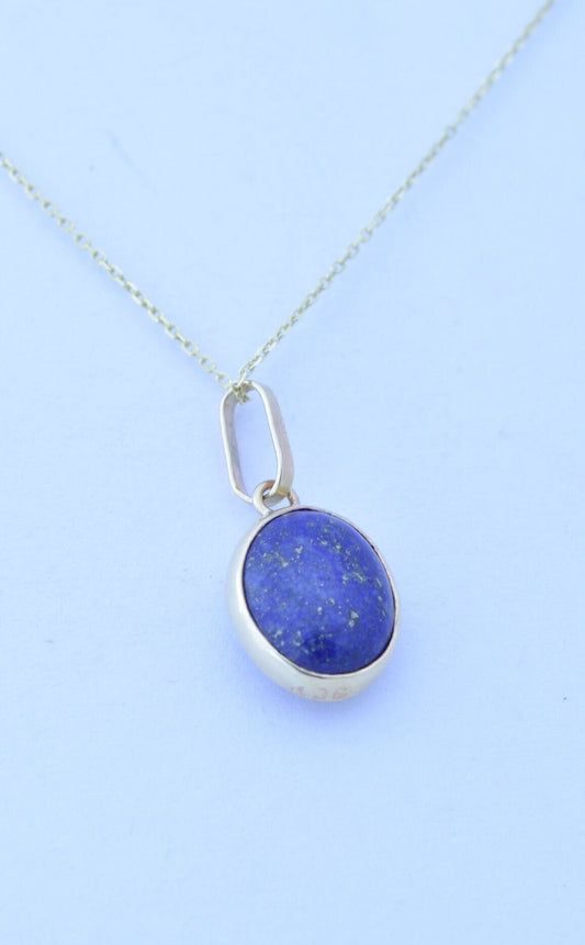 gold pendant, solid 9ct yellow gold necklace, oval natural blue lapis lazuli, 18”  chain a uk hallmark