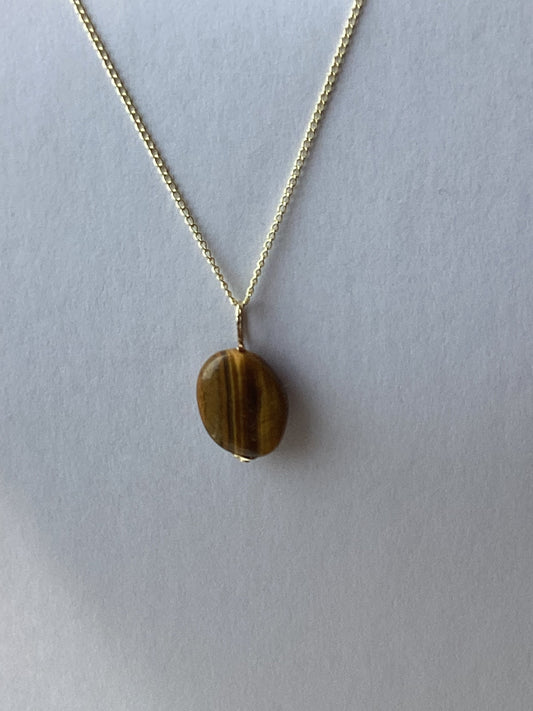 gold necklace, tiger’s eye pendant, oval natural brown gemstone, 18” chain uk hallmarked