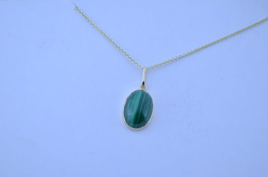 malachite 9ct gold pendant, natural green oval gemstone, 18” uk hallmark