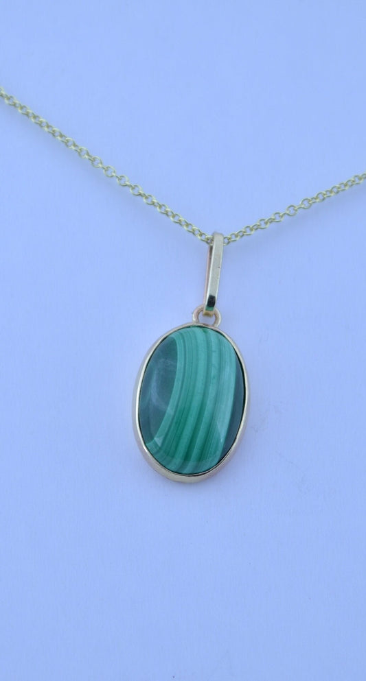 malachite gold necklace, natural green oval gemstone, 18” chain uk hallmark