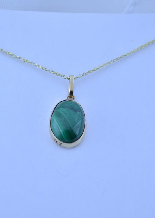 Malachite gold pendant , solid 9ct yellow gold necklace , 18” gold chain, natural green gemstone