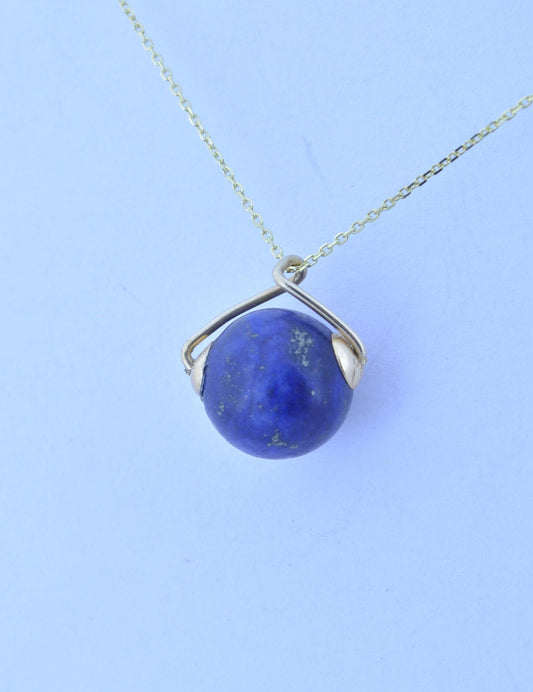 lapis lazuli pendant, solid 9ct yellow gold necklace, bell shape natural blue gemstone, 18” chain a uk hallmark