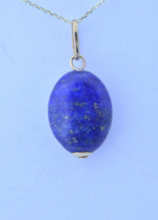 lapis lazuli pendant, solid 9ct yellow gold necklace, natural oval blue gemstone pendant, 18” chain uk hallmark