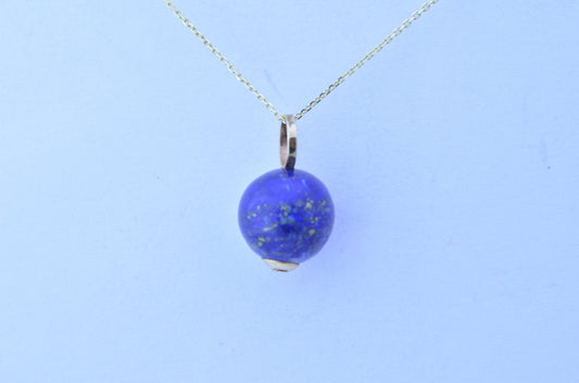 gold pendant, solid 9ct yellow gold necklace, natural round blue lapis lazuli gemstone, 18” chain uk hallmark