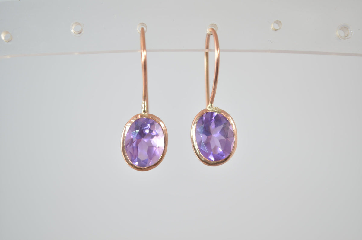 gold amethyst earrings, solid 9ct Rose  gold, natural purple gemstones, February birthstone
