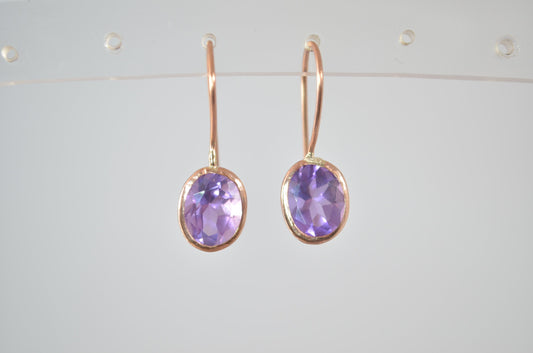 gold amethyst earrings, solid 9ct Rose  gold, natural purple gemstones, February birthstone