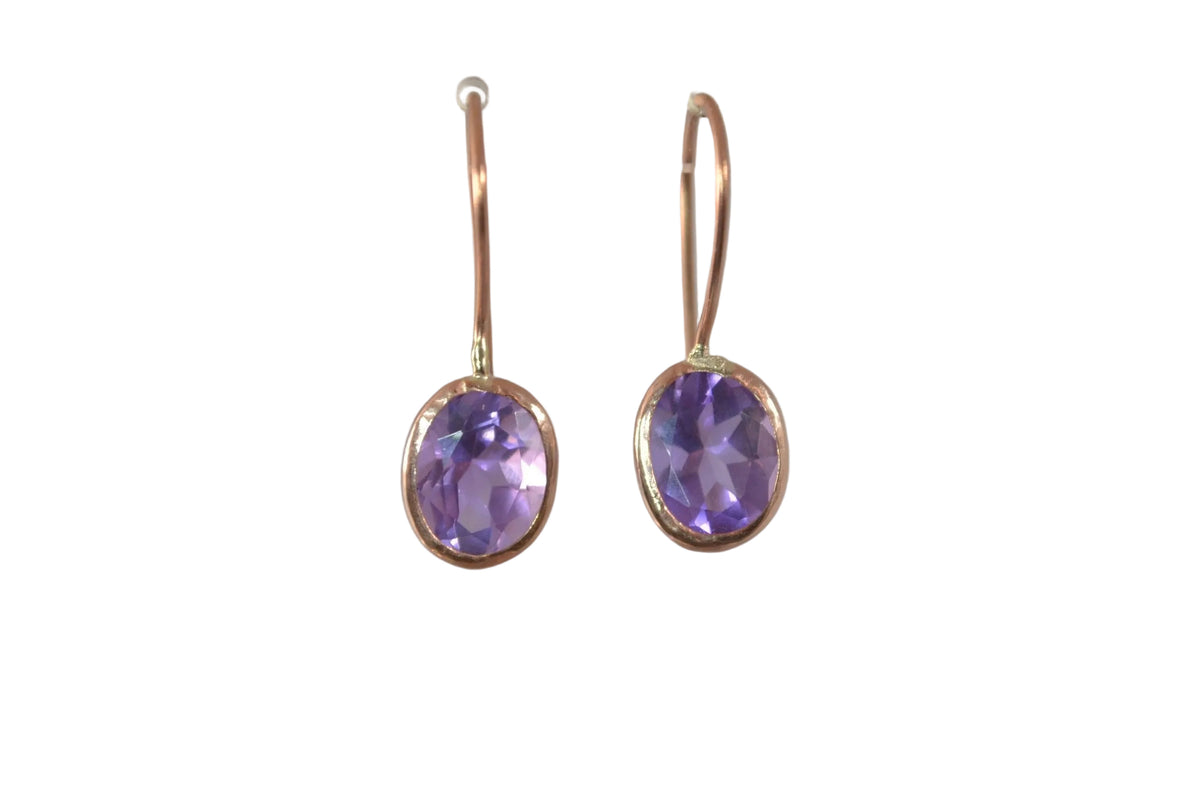 gold amethyst earrings, solid 9ct Rose  gold, natural purple gemstones, February birthstone