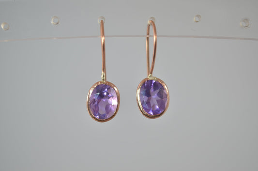gold amethyst earrings, solid 9ct Rose  gold, natural purple gemstones, February birthstone