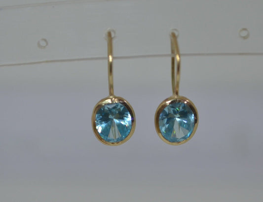 9ct gold earrings, blue Cubic zirconia, solid 9ct yellow gold