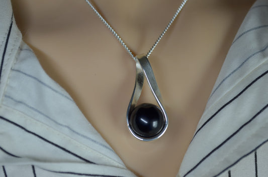 black onyx pendant, solid sterling silver necklace, 18” chain