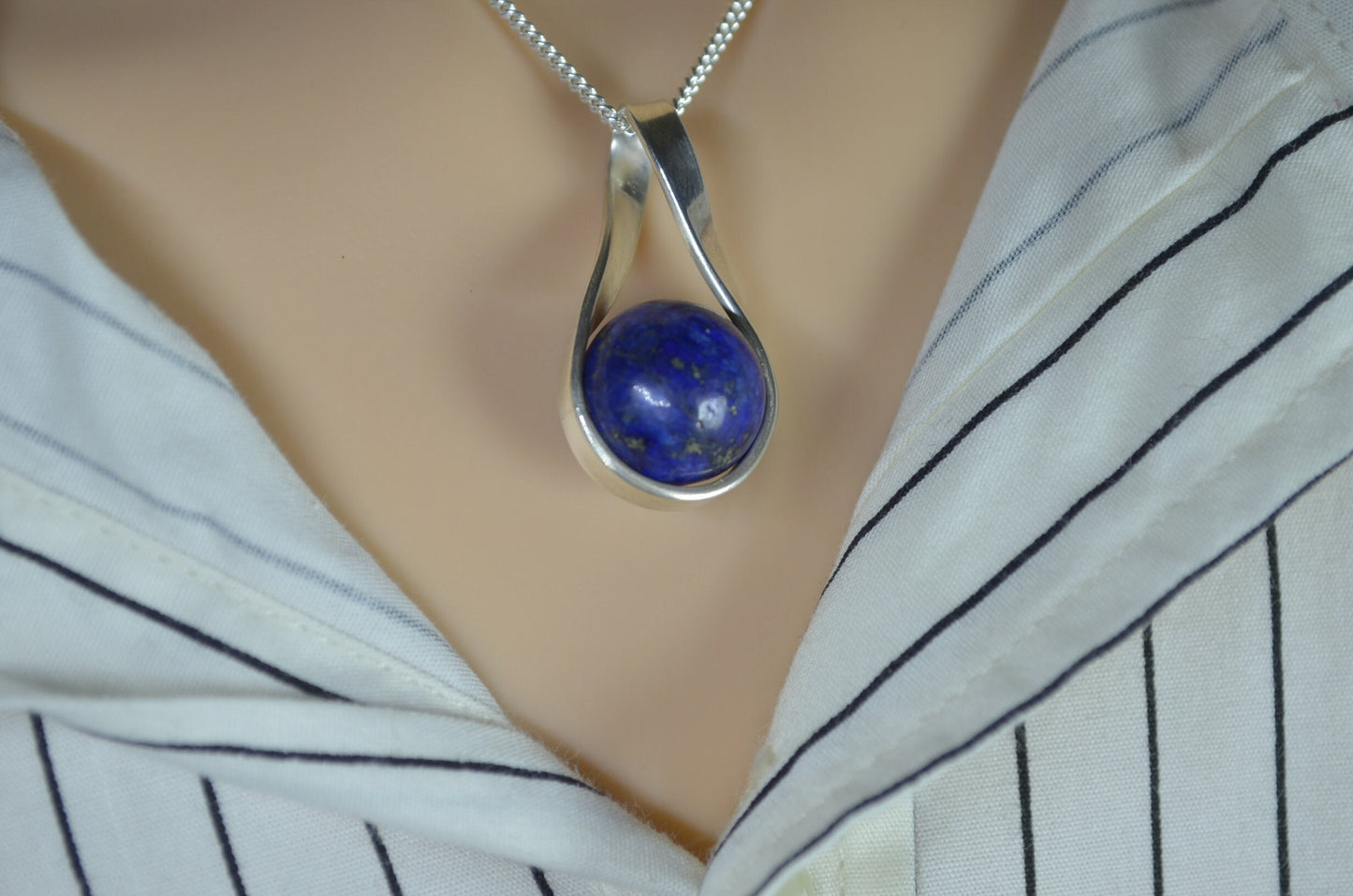 lapis lazuli silver necklace, natural blue gemstone, 18” chain