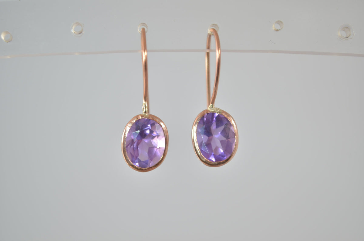 gold amethyst earrings, solid 9ct Rose  gold, natural purple gemstones, February birthstone