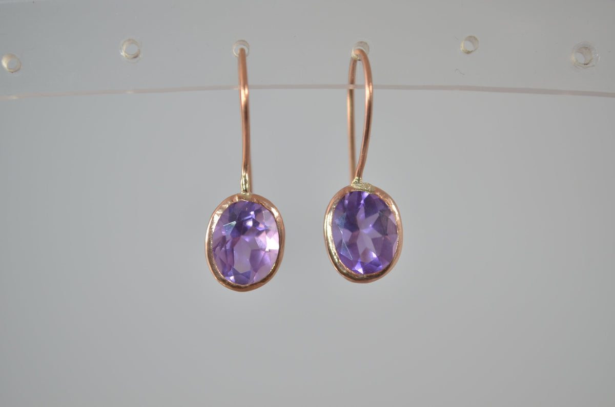 gold amethyst earrings, solid 9ct Rose  gold, natural purple gemstones, February birthstone
