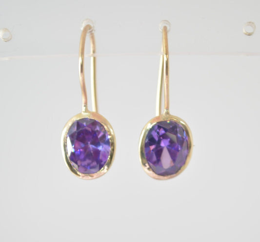 9ct gold earrings, purple Cubic zirconia, solid 9ct yellow gold
