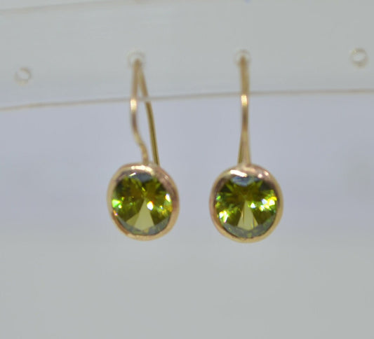 9ct gold earrings, green Cubic zirconia, solid 9ct yellow gold