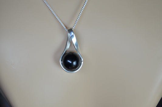 sterling silver necklace, black Whitby jet pendant, 18” chain