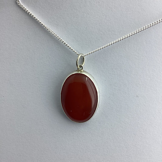 carnelian pendant, solid sterling silver necklace, oval natural red gemstone, 18” chain