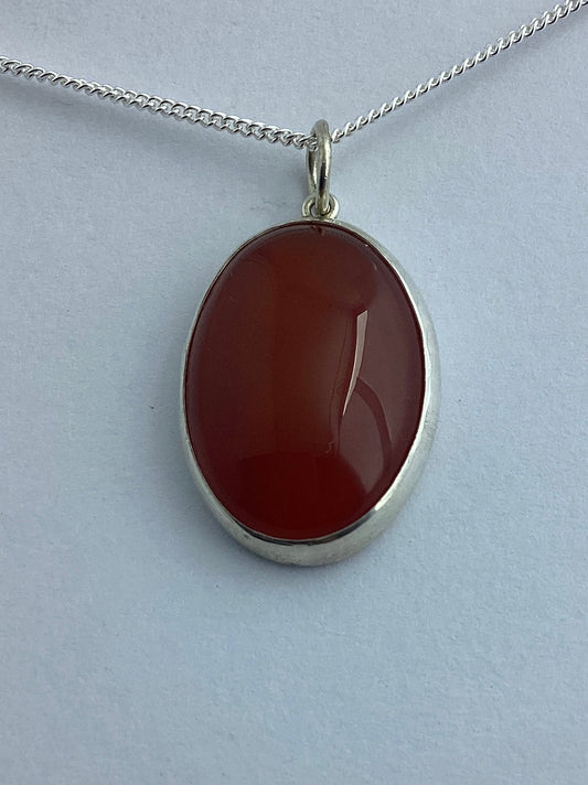 carnelian pendant, solid sterling silver necklace, oval natural red gemstone, 18” chain