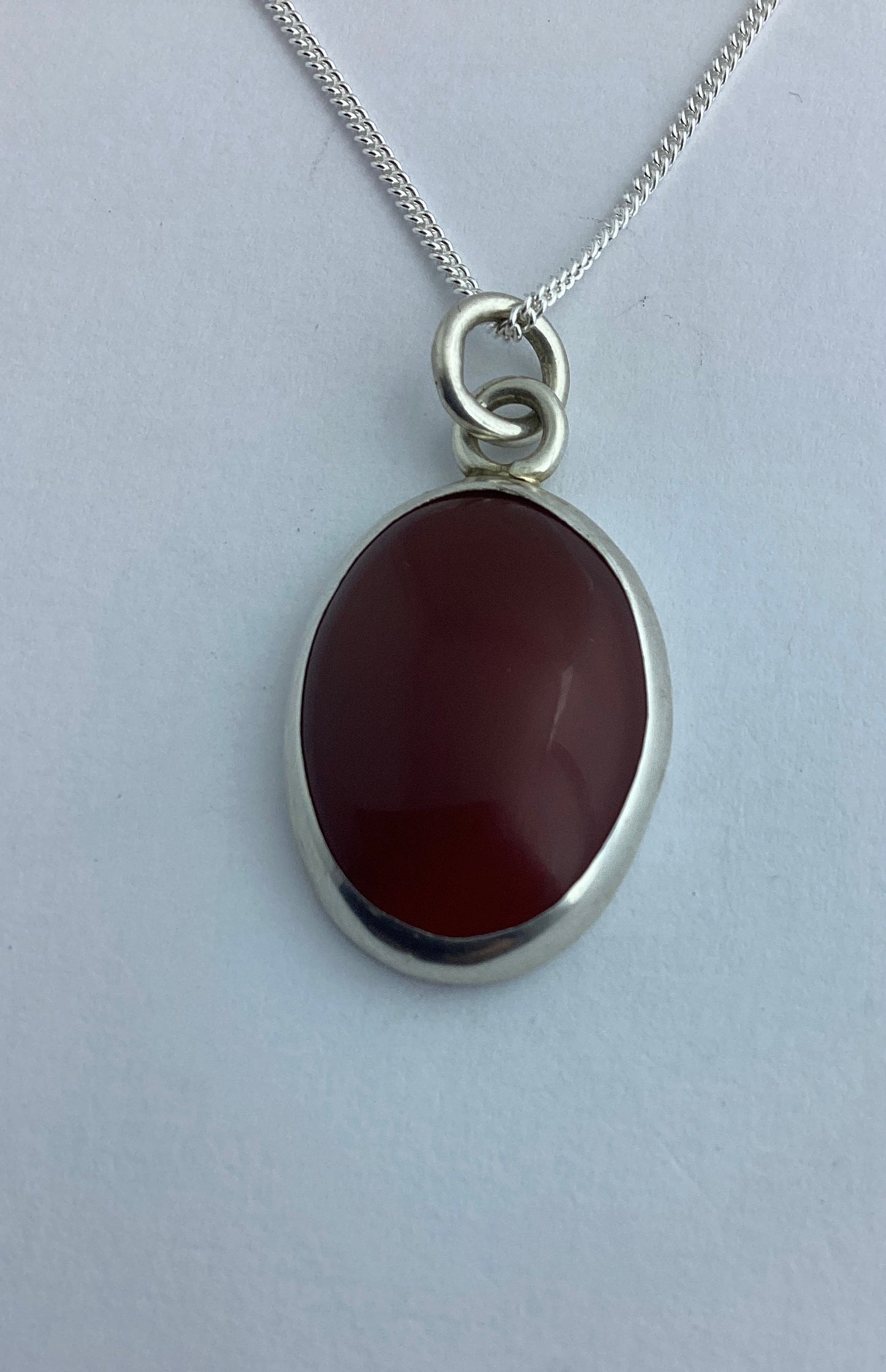 red agate pendant, solid sterling silver necklace, oval natural red gemstone, 18” chain
