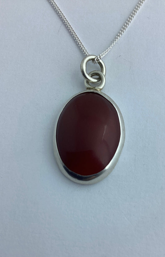 red agate pendant, solid sterling silver necklace, oval natural red gemstone, 18” chain