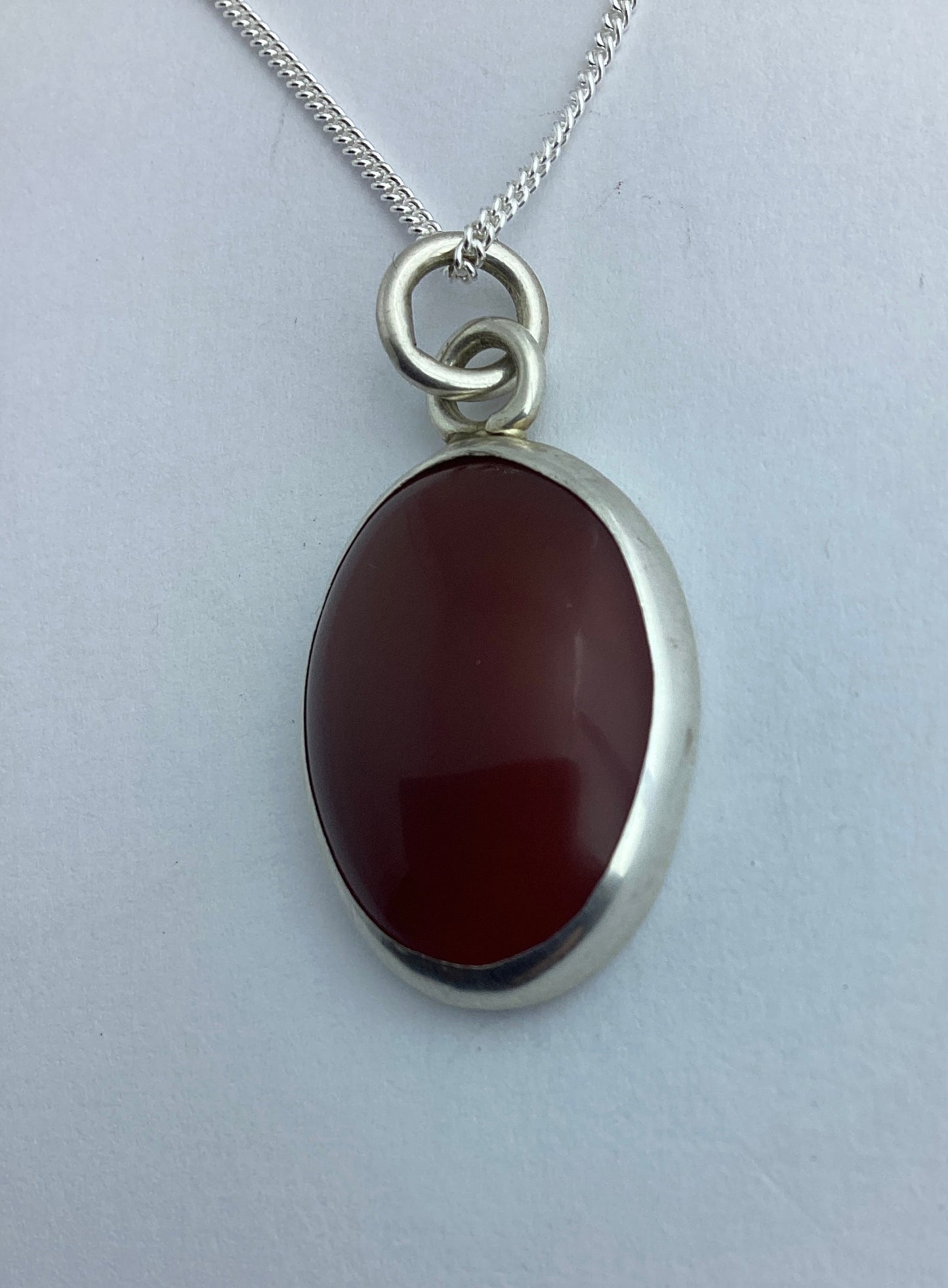 red agate pendant, solid sterling silver necklace, oval natural red gemstone, 18” chain
