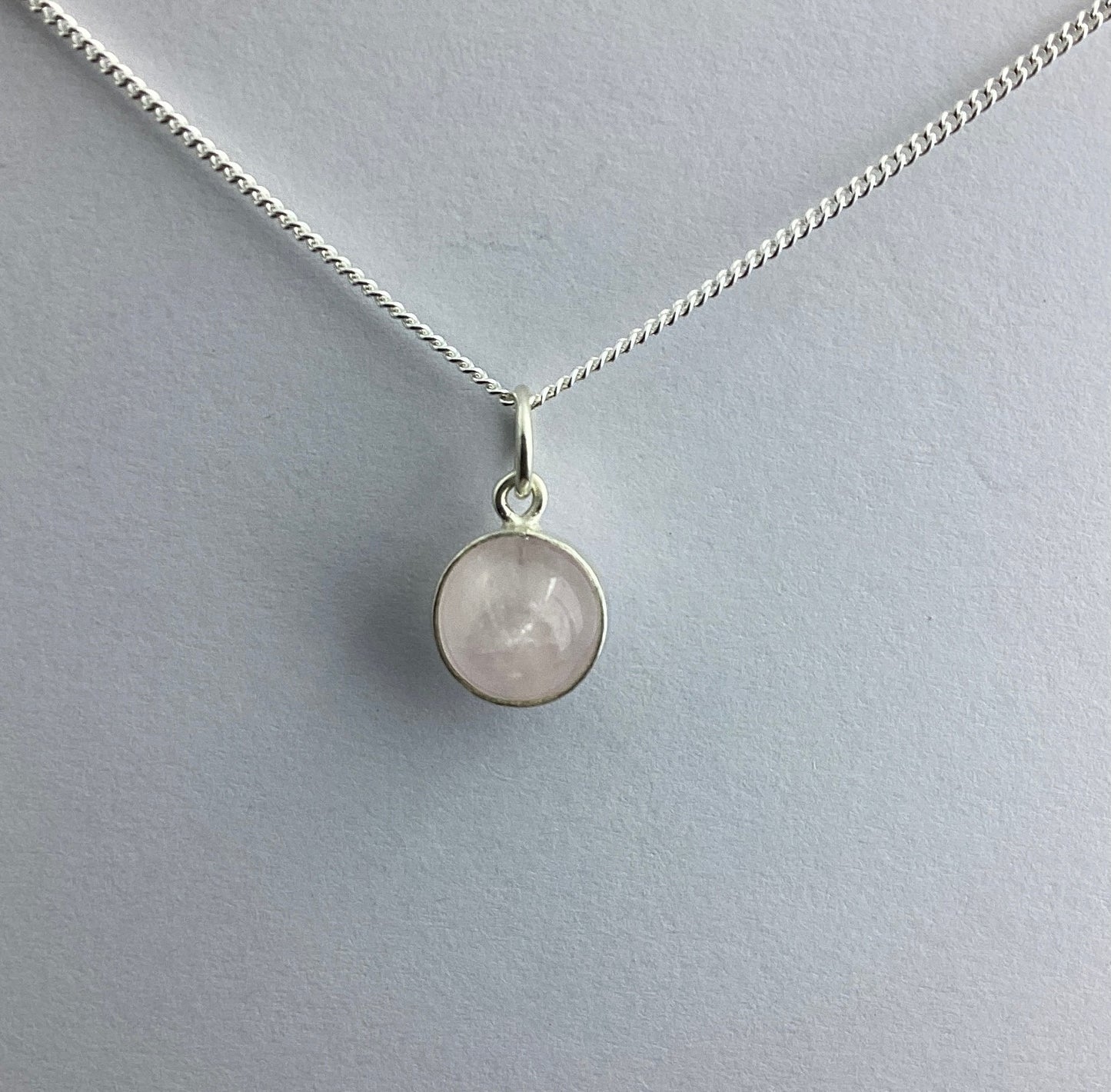 sterling silver rose quartz charm pendant, pink round natural gemstone, 18” chain