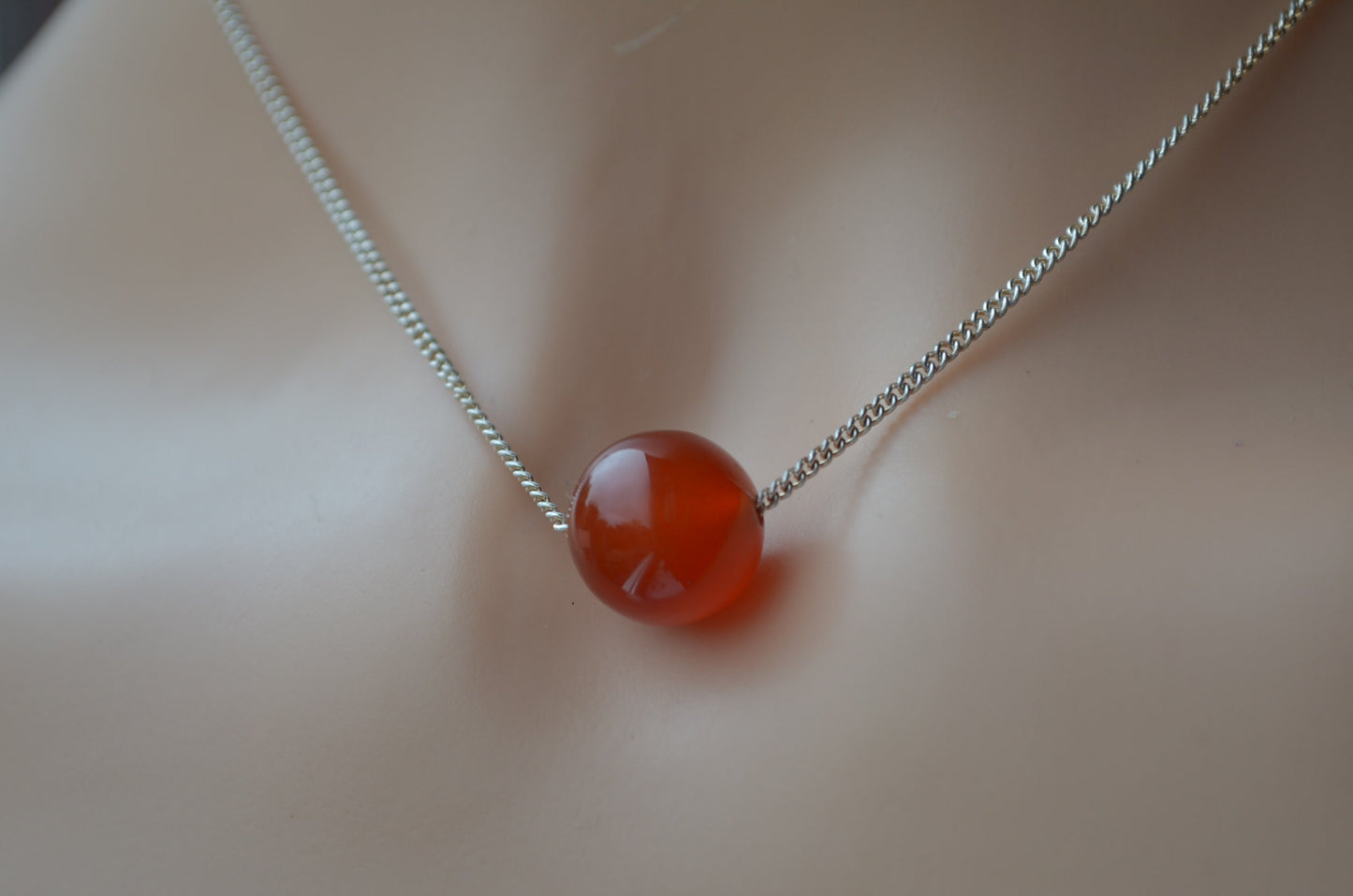 sterling silver carnelian necklace, natural round red gemstone, 18” chain