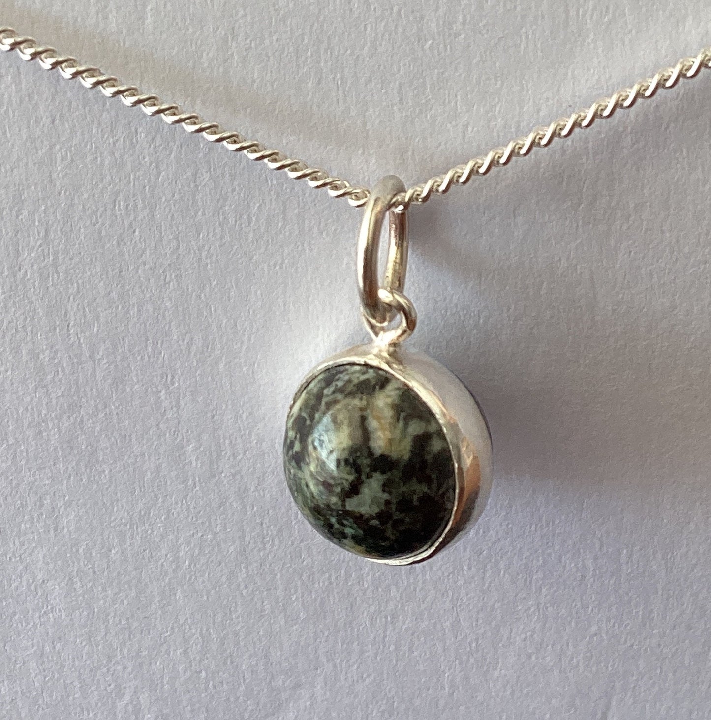 small Preseli Bluestone charm pendant, solid 925 sterling silver, 18” chain