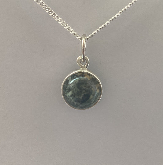 sliver necklace Preseli Bluestone pendant, solid 925 sterling silver, 18” chain