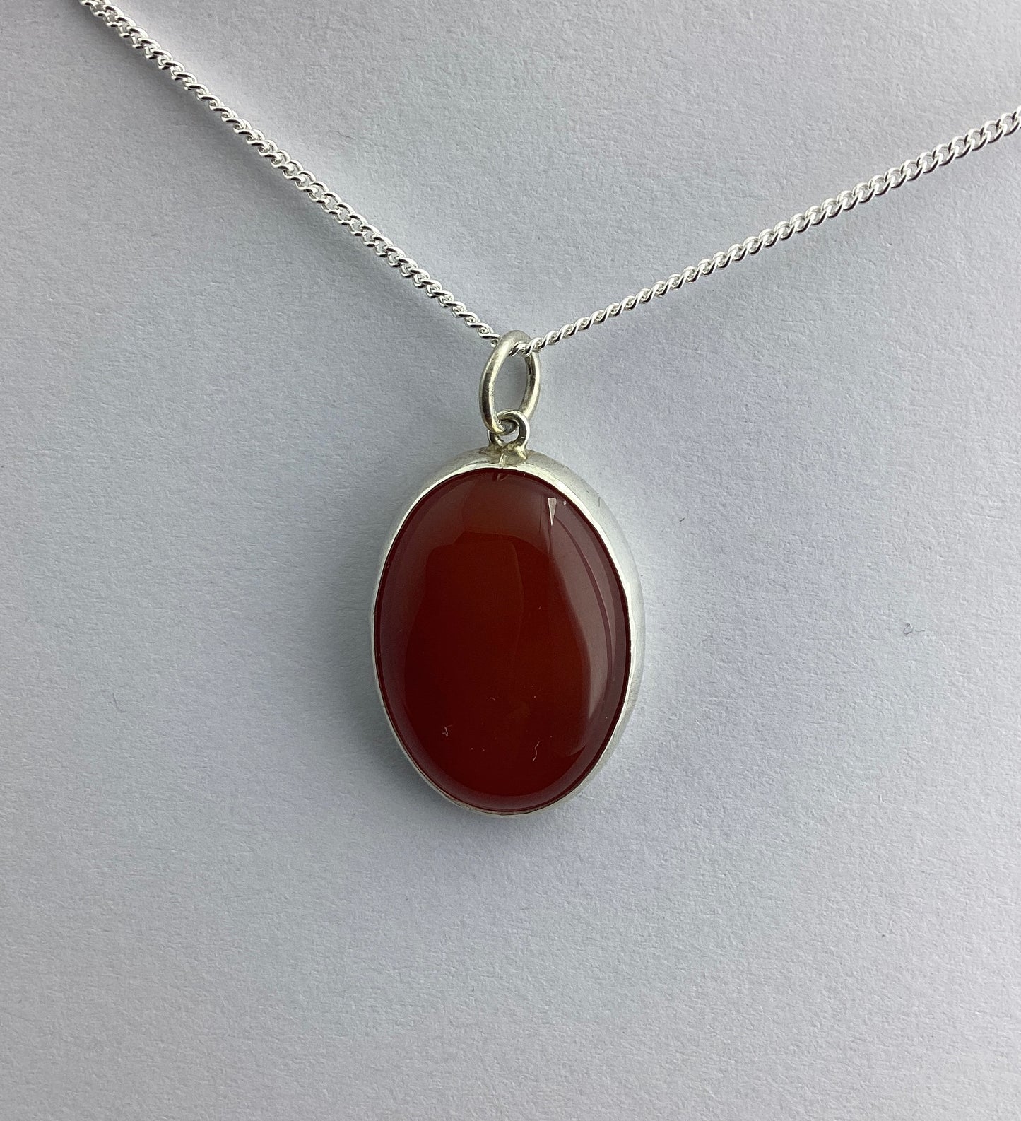 carnelian pendant, solid sterling silver necklace, oval natural red gemstone, 18” chain
