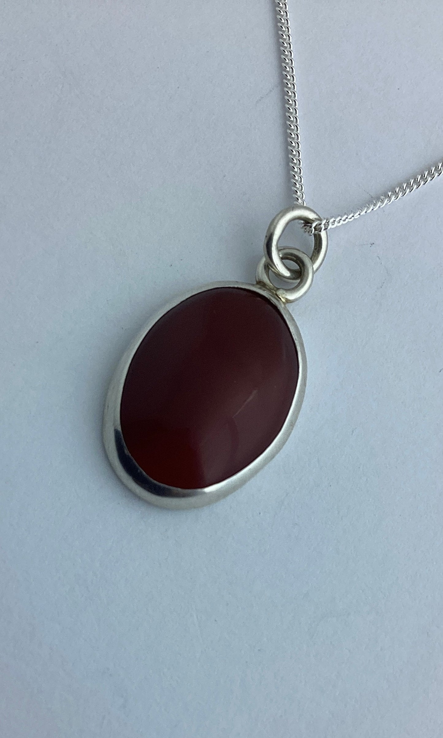 red agate pendant, solid sterling silver necklace, oval natural red gemstone, 18” chain
